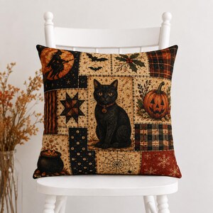 Black Cat Halloween Pillow Cover, Vintage Halloween Decor, Patchwork Pumpkin Pillow, Spooky Fall Decor, Witchy Throw Pillow Cover