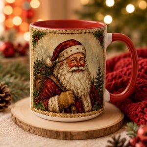 Vintage Santa Patchwork Christmas Mug, Farmhouse Holiday Coffee Mug, Rustic Christmas Cup, Santa Tea Mug, Christmas Gift, 11oz 15oz