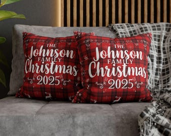 Personalized Family Christmas 2025 Pillowcase | Red Plaid Holiday Pillowcase