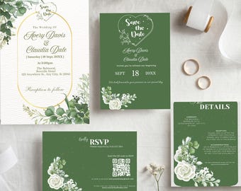 Green Floral Wedding Invitation Set: Editable Botanical Canva Template (Digital Download