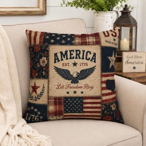 Vintage Patriotischer Kissenbezug, Americana Bauernhausdekor, USA Flagge Dekokissenbezug, 4