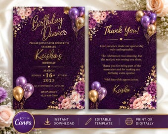 Purple Gold Birthday Invitation Template, Glitter Floral Birthday Invite, Editable Canva Invitation, Birthday Dinner Invite