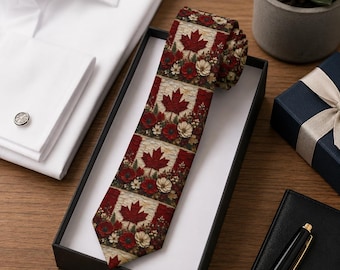 Canada Maple Leaf Necktie, Vintage Floral Canadian Flag Design, Polyester Satin Tie