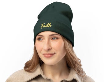 Minimal Faith Embroidered Beanie | Gold Embroidery Winter Beanie