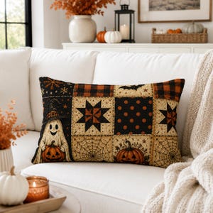 Halloween Lumbar Pillow | Ghost Pumpkin Throw Pillow | Farmhouse Halloween Decor | Rustic Fall Accent Pillow | Spooky Couch Cushion