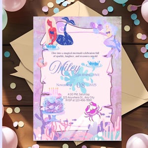 Mermaid Birthday Invitation Template Editable- Under the Sea Canva Invite for Girls – Digital Download Party Card