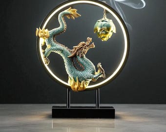 Dragon Incense Burner with LED Light, Lotus Incense Holder, Home Decor, Aromatherapy Ornament