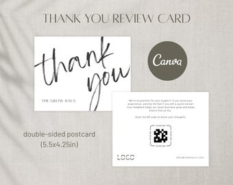 Thank You Review Card Template | Editable Canva Postcard for Small Business Packaging Inserts & Handouts | Review Link QR code 5.5x4.25in