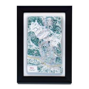 Könnte beinhalten: Eine gerahmte Karte des Skigebiets Vail. Die Karte zeigt einen detaillierten Plan der Skipisten und Lifte mit einem Farbschema aus weißen, grünen und roten Linien. Der Rahmen ist schwarz, und die Karte ist vor einem weißen Hintergrund platziert.