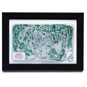 May include: A framed Okemo Mountain ski resort map. The map features a detailed layout of ski trails in white and red against a green and white background. The frame is black, and the map includes the town of Ludlow.