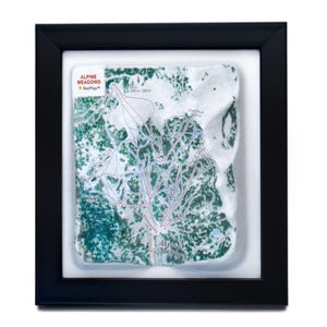 May include: A framed map of Alpine Meadows ski resort. The map features a detailed layout of the ski runs, with green and white coloring. The frame is black, and the map is set against a white background.