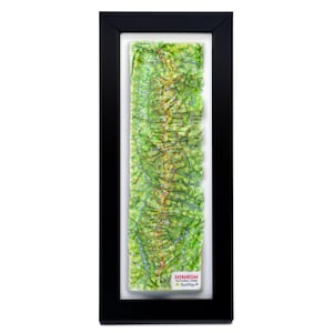 May include: A framed map of Shenandoah National Park. The map is a detailed, three-dimensional relief, with green, yellow, and brown tones representing the terrain. The frame is black, and the map includes the text "Shenandoah National Park" and "TestPlay".