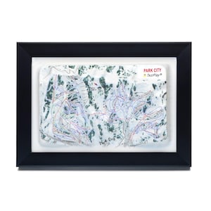 May include: Framed map of Park City ski resort with a black frame and white matting. The map features ski runs in blue and red against a textured, snowy background. The text "Park City" and "TestPlay" are visible.