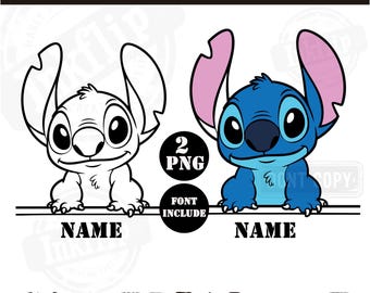 Puede incluir: Gráfico digital con dos personajes de dibujos animados, uno en blanco y negro, el otro azul con orejas rosas. La imagen incluye texto que dice "SVG-PNG-AI-EPS-PDF-JPG", "2 PNG", "FONT INCLUDE", "NAME" y "COMMERCIAL USE".