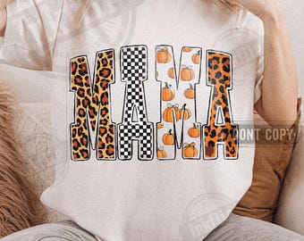 Jesienna Mama PNG, Sublimacja w kratkę z dynią i lampartem, Przytulna jesienna koszula, Clipart z literami w stylu Halloween,
