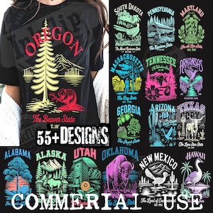 Op de afbeelding: Zwart T-shirt met een afbeelding van de staatssymbolen van Oregon, waaronder een boom, een berg en een bever. Extra ontwerpen tonen verschillende Amerikaanse staten. Tekst bevat "55+ DESIGNS" en "COMMERCIAL USE".