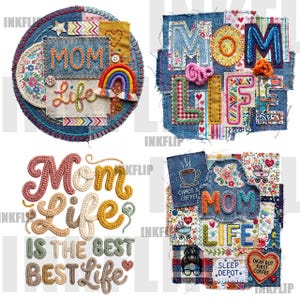May include: A collage of four fabric art pieces with the words "MOM LIFE" and "IS THE BEST BEST LIFE" in various styles. One piece includes a rainbow and the text "CHAOS & COFFEE". The pieces feature denim, floral, and patchwork designs.