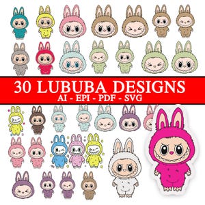 Labubu Clipart PNG-bundel: 30 kawaiiillustraties (digitale download)