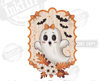 Fantasma fofo retrô PNG, clipart feminino assustador de temporada, design de sublimação de Halloween de outono com laços e flores, download digital para camisetas