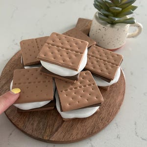 May include: A collection of decorative s'mores cookies arranged on a wooden serving board. Each cookie features a brown graham cracker, a white marshmallow, and a chocolate layer. A small succulent plant in a speckled mug is in the background.