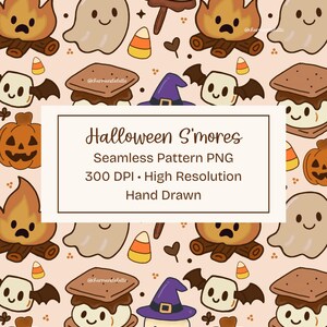 May include: A seamless pattern featuring hand-drawn illustrations of jack-o'-lanterns, ghosts, candy corn, and s'mores with bat wings on a light peach background. A central white box contains the text: Halloween S'mores Seamless Pattern PNG 300 DPI High Resolution Hand Drawn.