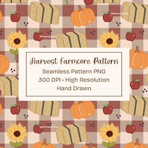 May include: A digital seamless pattern featuring a repeating harvest theme with illustrations of orange pumpkins, yellow sunflowers, red apples, and tan hay bales on a brown and beige checkered background. Text reads Harvest farmcore Pattern.