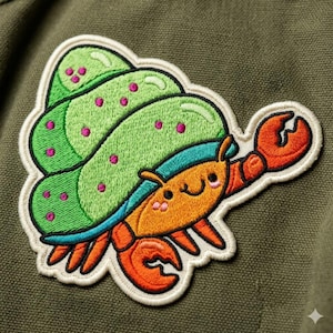 May include: Embroidered patch featuring a cartoon hermit crab. The crab has an orange body, red claws, and a green shell with pink spots. The patch is outlined in white and set against a green background.