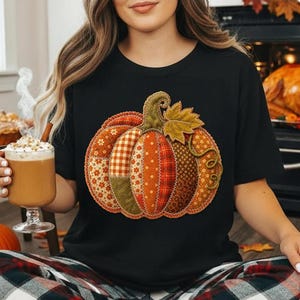 Adrettes Kürbis-Patchwork-Hemd, Faux besticktes Kürbis-T-Shirt, Herbst-Blumen-Grafik-T-Shirt, Herbst-Kürbis-Sublimationsoberteil, Cottagecore-Herbst