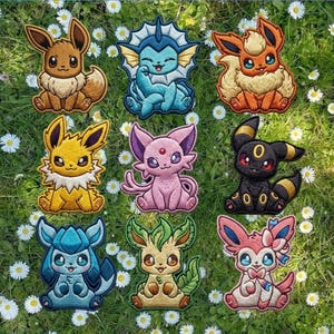 May include: Nine embroidered patches featuring various cartoon creatures in vibrant colors. The patches are set against a backdrop of green grass and small white flowers. Each patch showcases a different character with unique designs and details.