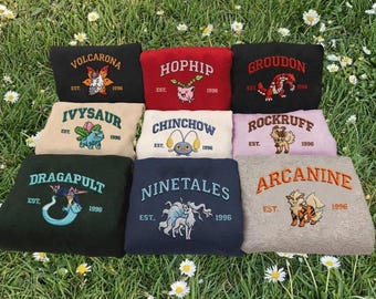 Custom Embroidered Poke Sweatshirt, Pikachu Snorlax Charizard Hoodie, Anime Gift for Her Him, 90s Cartoon Crewneck,Pikachu Snorlax Charizard