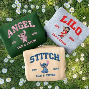Sudadera bordada con el personaje de Lilo y Stitch, sudadera con capucha de dibujos animados, camiseta de San Valentín, pareja de Stitch y ángel, regalos de cumpleaños imagen 2