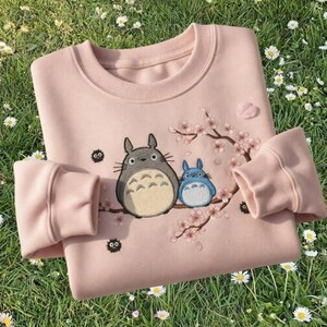 Totoro Embroidered Sweatshirt, Cherry Blossom Totoro Crewneck, Ghibli Inspired Anime T-shirt, Cute Studio Ghibli Gift, Totoro Lover Hoodie image 3
