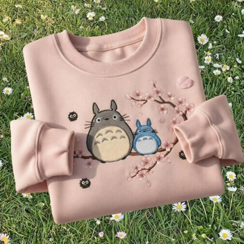 Totoro Embroidered Sweatshirt, Cherry Blossom Totoro Crewneck, Ghibli Inspired Anime T-shirt, Cute Studio Ghibli Gift, Totoro Lover Hoodie image 3