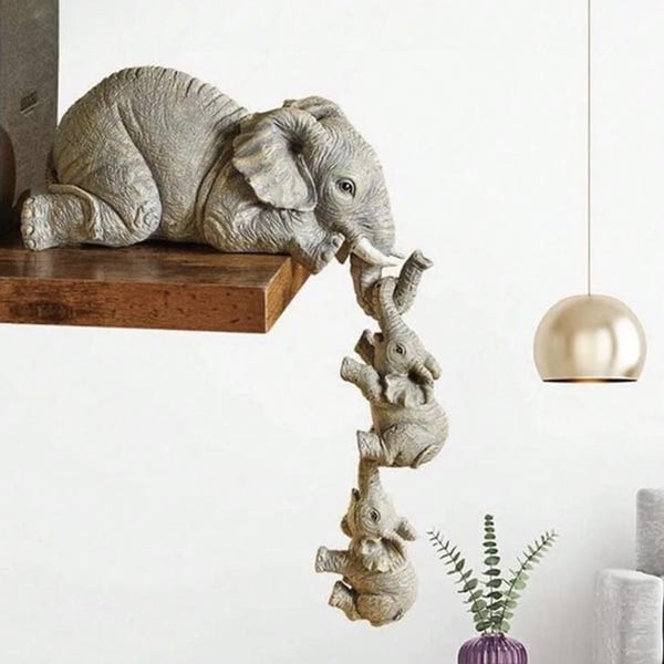 Mother Elephant Shelf Figurine Set, Hanging Baby Elephants, Elephant Statue for Home Decor