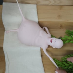 May include: A light pink, abstract sculpture of a human-like figure with elongated limbs and a large torso. The figure is lying on a white cloth, with a wooden surface in the background. Green plant sprigs are on the right.