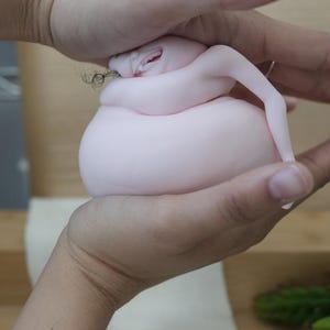 May include: A light pink, abstract sculpture with a rounded body and small arms. The sculpture is held in two hands, with the fingers gently cupping the form. The sculpture has a small face with a slight smile.
