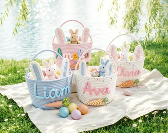 Spersonalizowany koszyk wielkanocny dla dzieci, koszyk z imieniem, bawełniany koszyk prezentowy dla dziecka, koszyk na poszukiwanie jajek wielkanocnych, prezent na baby shower, koszyk z króliczkiem