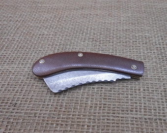 Handmade Damascus Steel Folding Knife with Leather Sheath