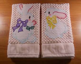 Set of Easter Towels, Appliqued Towels, Bunny Towels, Easter Bunny, Bathroom Hand Towels,  2 Kitchen Towels, Pink Easter Decor, Easter Gift