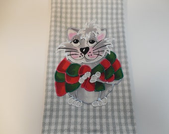 Christmas Kitty Hand Towel, Christmas Bathroom Towel, Gray Christmas Kitchen Towel, Sophisticated Kitty with Shawl, Christmas Decor