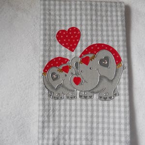 Valentine's Day Hand Towel, Valentine's Day Bathroom Towel, Valentine's Day Kitchen Towel, Valentine Elephants on Gray Gingham Towel image 2