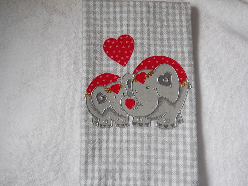 Valentine's Day Hand Towel, Valentine's Day Bathroom Towel, Valentine's Day Kitchen Towel, Valentine Elephants on Gray Gingham Towel image 2