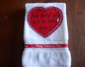 Valentine's Day Hand Towel, Appliqued Valentine's Day Hand Towel, Heart Bathroom Towel, Key To My Heart Kitchen Towel, Valentine's Day Gift