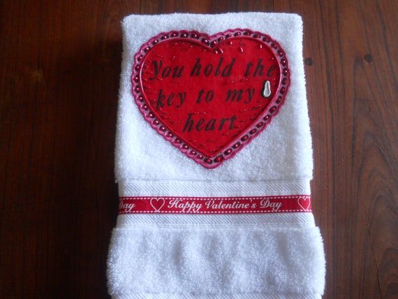 Valentine s Day Hand Towel Appliqued Valentine s Day Hand Towel Heart Bathroom Towel Key to My Heart Kitchen Towel Valentine s Day Gift Etsy