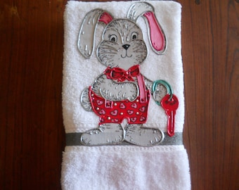 Valentine's Day Hand Towel, Appliqued Valentine's Day Bunny Bathroom Towel, Valentine's Day Bunny Kitchen Towel, Valentine's Day Gift