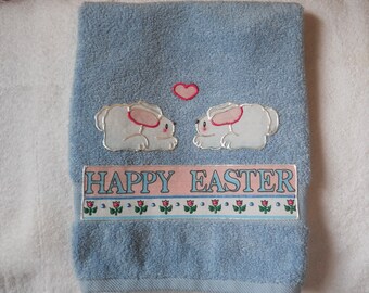 Easter Towel, Appliqued Easter Bathroom Towel, Easter Kitchen Towel, Happy Easter Towel, Blue Easter Towel, Easter Decoration, Bunny Towel