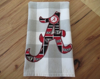 Alabama Kitchen Hand Towel, Alabama Crimson Tide Towel, Gray & White Check Alabama Kitchen Towel, Alabama Home Decor, Fan Gift, Grad Gift