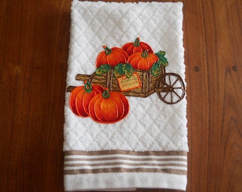 Thanksgiving Appliqued Hand Towel, Cart Full of Pumpkins Kitchen Towel, Fall Theme Pumpkin Bathroom Towel, Thanksgiving Decor, Harvest Decor