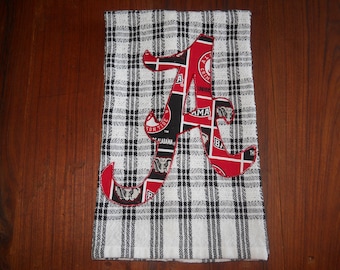 Appliqued Univ of Alabama Hand Towel, Black & White Check Alabama Kitchen Towel. Alabama Bathroom Towel, Alabama Graduation Gift