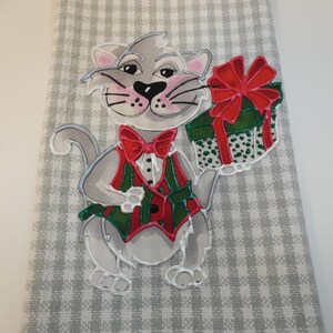 Christmas Hand Towel, Christmas Kitty Kitchen Towel, Kitty with Gift Bathroom Towel, Gray Christmas Towel. Christmas Home Decor